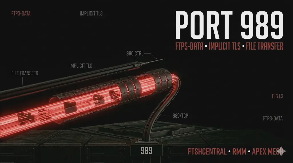 Porta 989 FTPS-Data: canale dati cifrato, TLS implicito e sicurezza del file transfer.